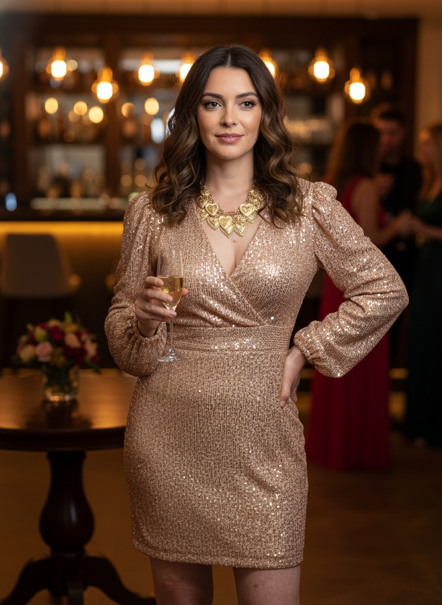 "Détail des paillettes de la robe Gisèle - finition brillante et élégante"