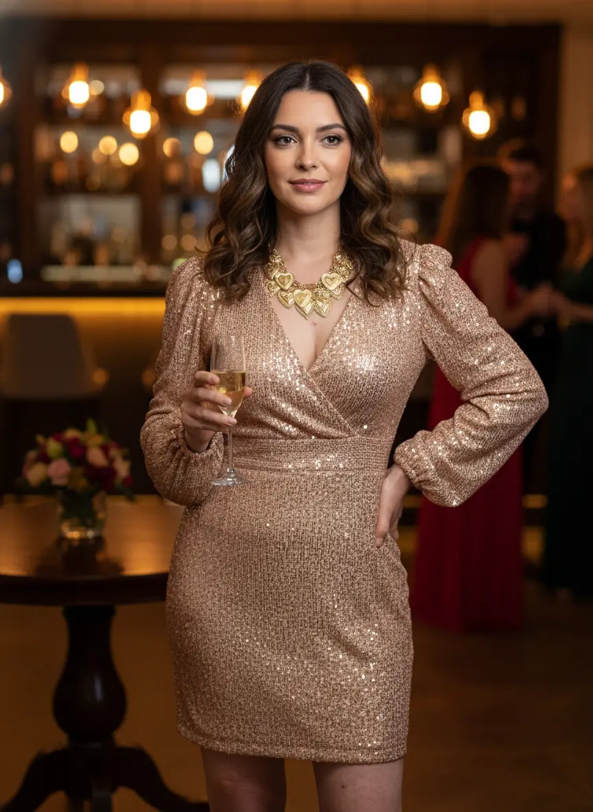 Robe paillettes Gisèle dorée - portée à cocktail - BONITALUZ