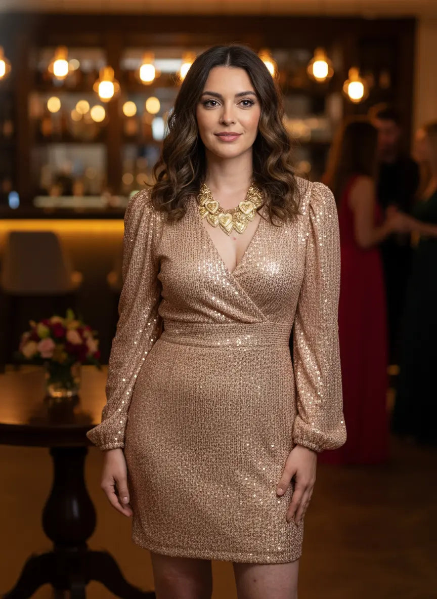 Robe paillettes Gisèle dorée - détail sequins dorés brillants - BONITALUZ