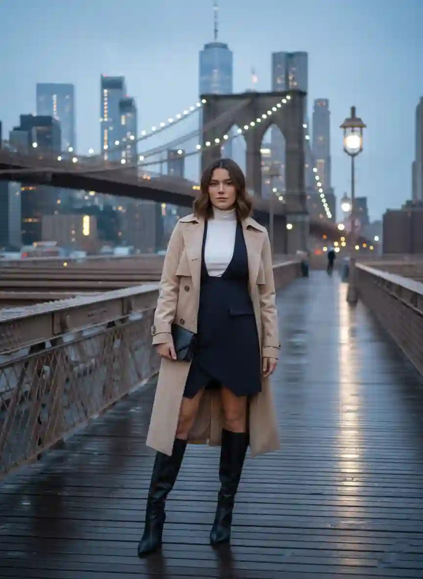 Robe structurée femme décolleté V manteau camel Brooklyn Bridge nuit pluvieuse look éditorial chic BONITALUZ