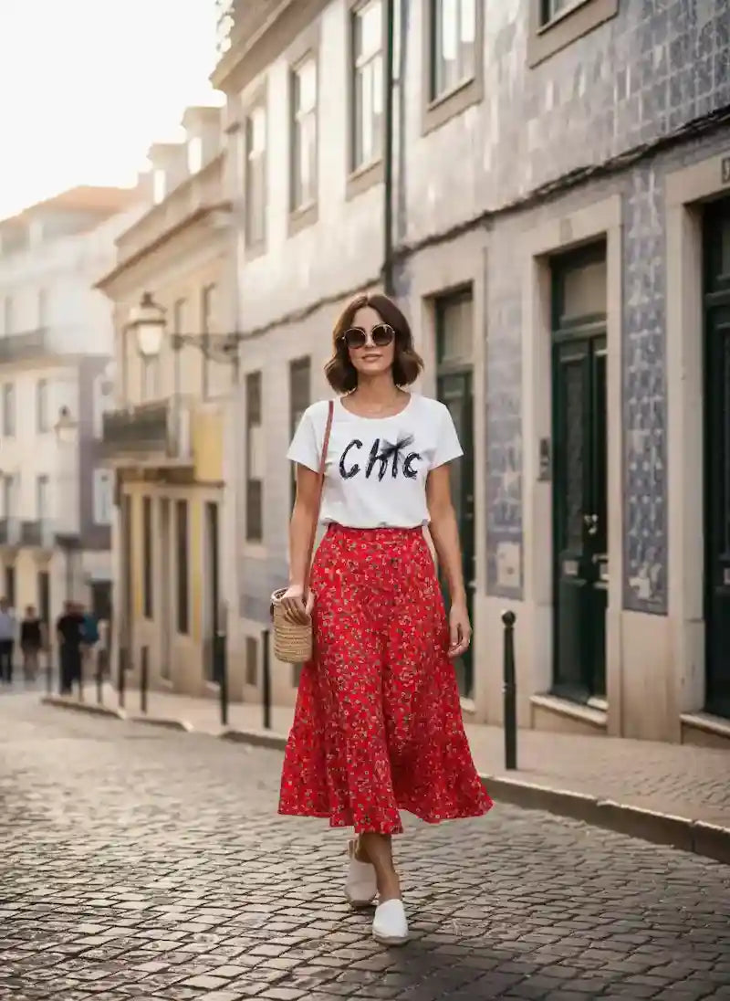 Tee-shirt CHIC femme blanc jupe rouge fleurie ruelle portugaise look estival bohème BONITALUZ