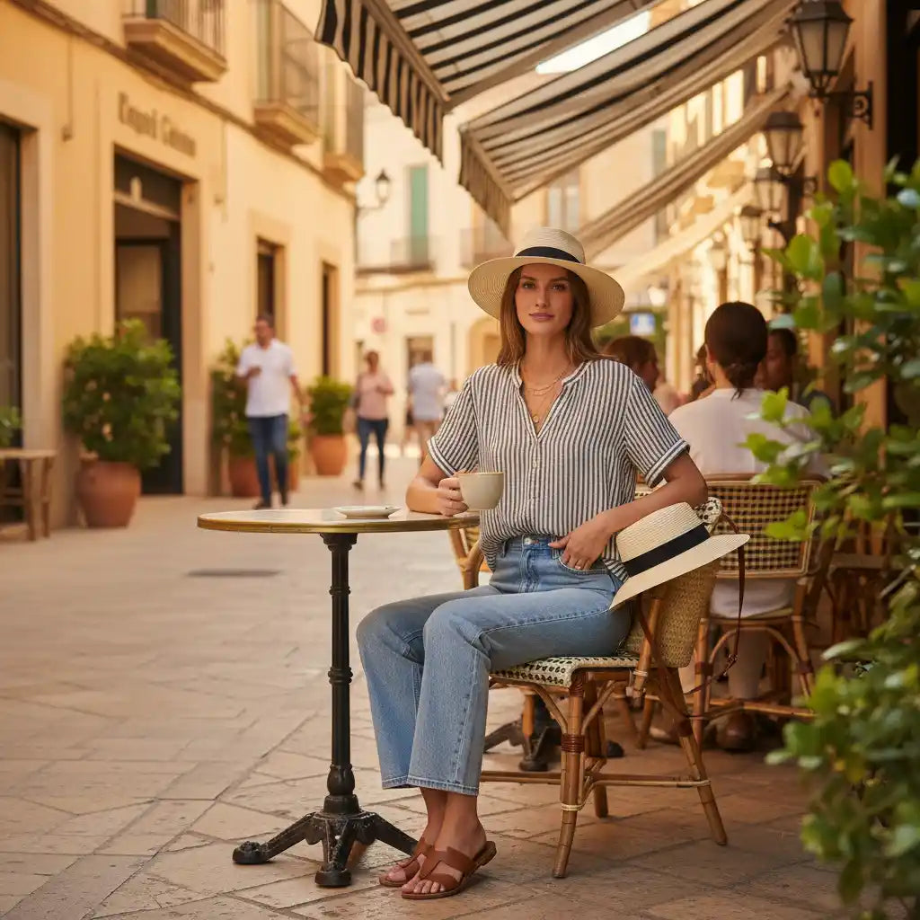 Tunique femme rayée bleue blanche jean slim chapeau paille terrasse café restaurant rue commerçante italienne passants look city girl chic BONITALUZ