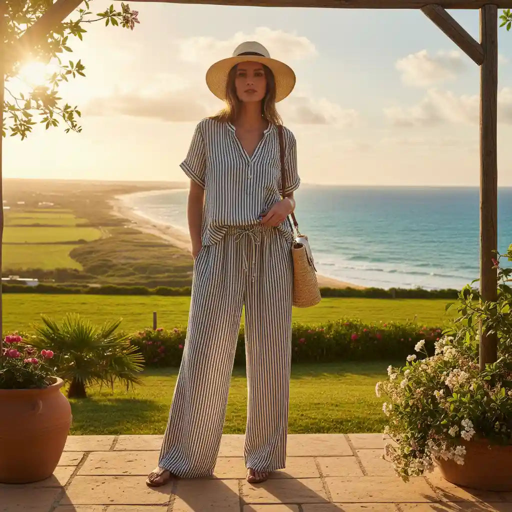 Tunique femme rayée bleue blanche pantalon blanc chapeau paille terrasse villa vue mer panoramique pelouse coucher de soleil look luxe bord de mer BONITALUZ