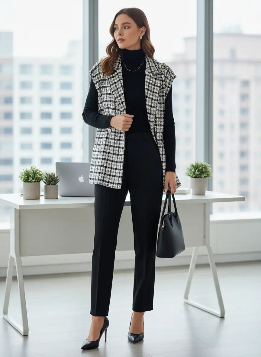 Veste Armonia femme tweed écossais look bureau chic pantalon noir sac main BONITALUZ