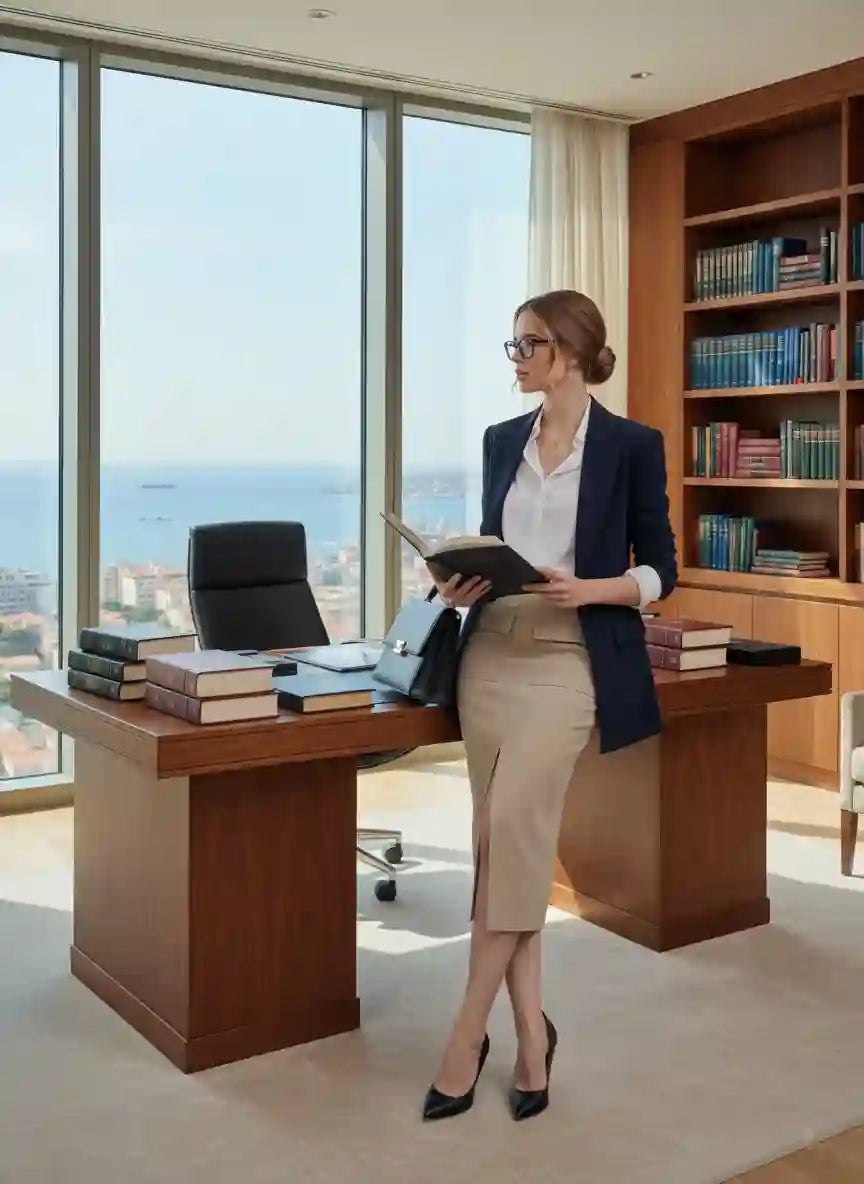 Jupe cargo femme beige blazer marine bureau luxe vue mer look power executive chic BONITALUZ