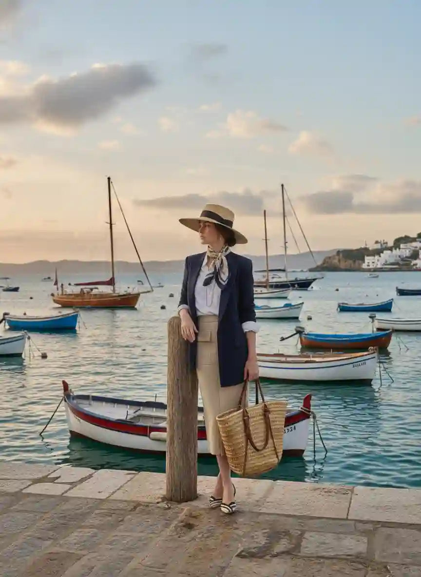 Jupe cargo femme port méditerranéen coucher de soleil chapeau paille sac tote look vacances chic BONITALUZ
