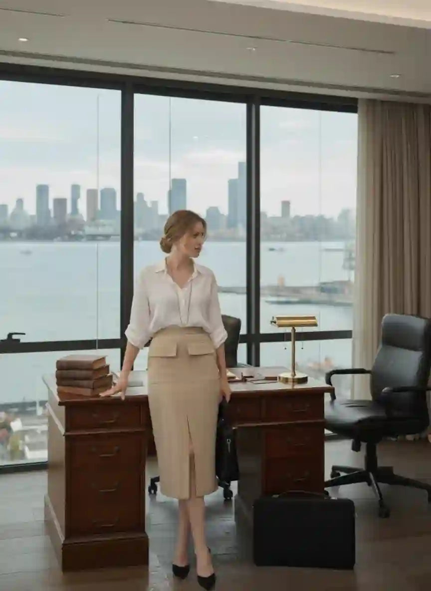 Jupe cargo femme beige blazer marine bureau luxe vue mer look power executive chic BONITALUZ