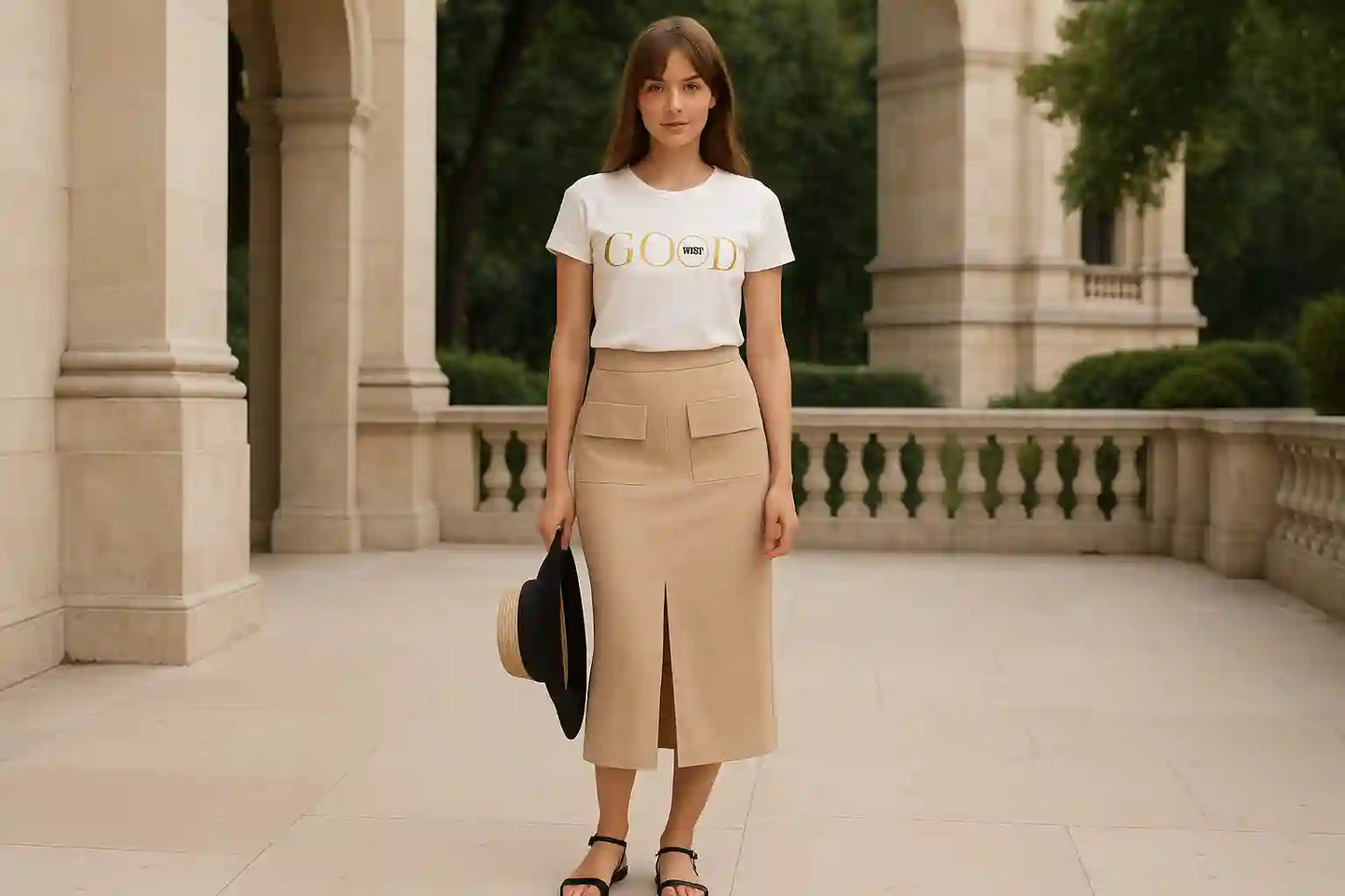 Jupe cargo femme beige midi tee-shirt blanc chapeau arcade colonnes look minimaliste parisien chic BONITALUZ