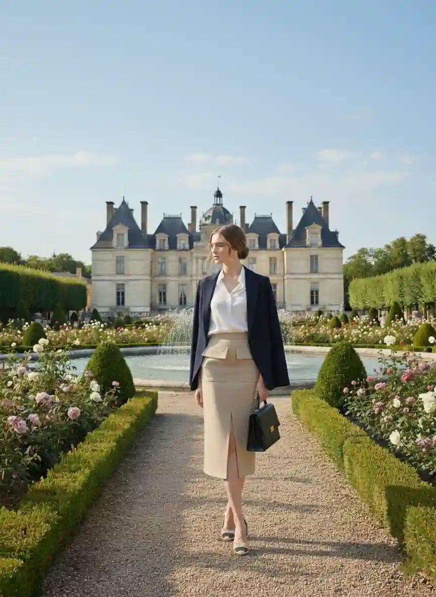 Jupe cargo femme beige blazer bureau luxe skyline Manhattan vue panoramique look executive BONITALUZ