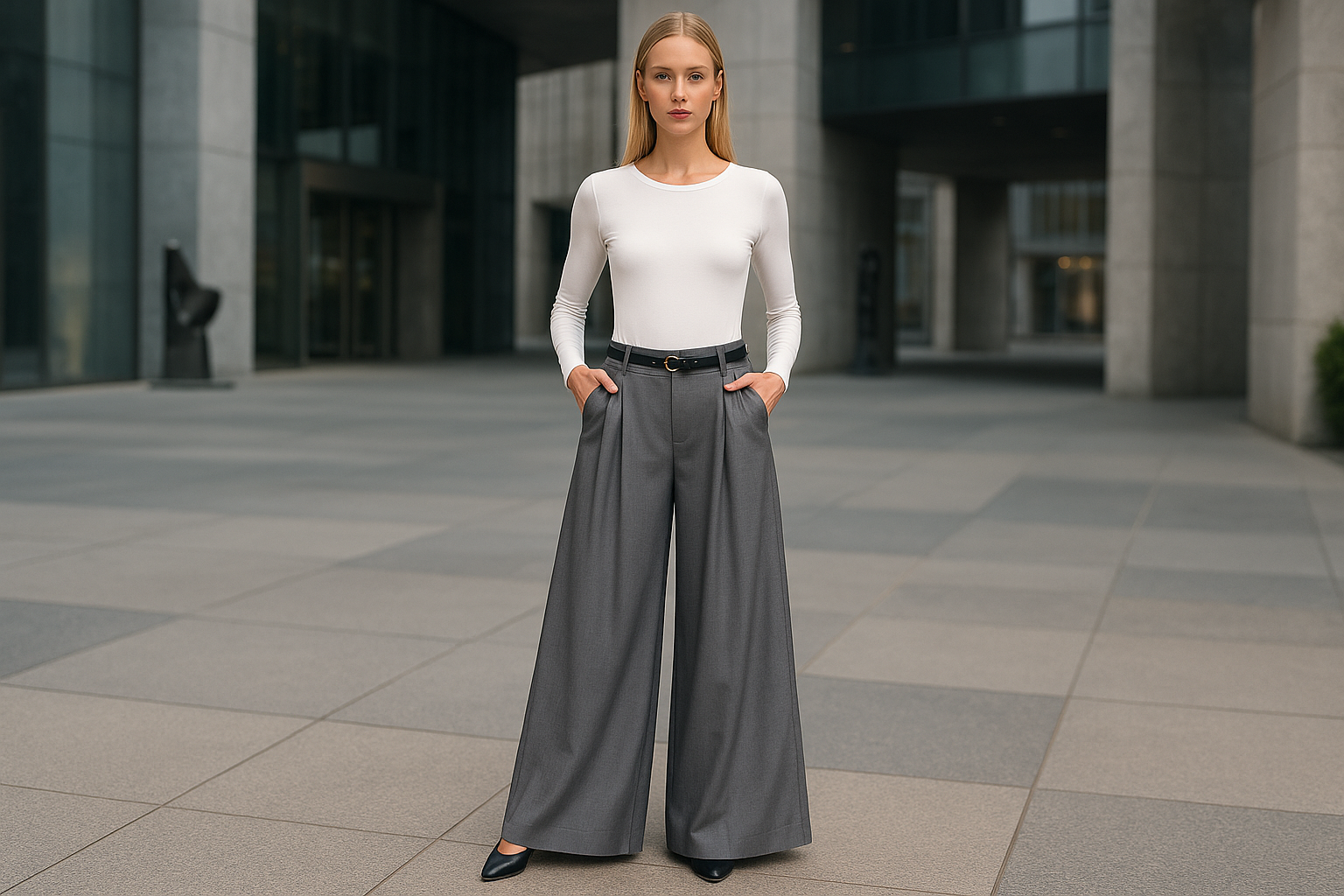 Pantalon Eddy gris porté en environnement urbain moderne - pantalon polyvalent 96% polyester 4% élasthanne avec ceinture noire incluse