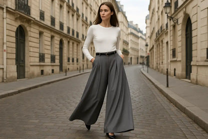  Pantalon wide leg femme gris anthracite fluide chemise blanche rue pavée parisienne look chic urbain BONITALUZ