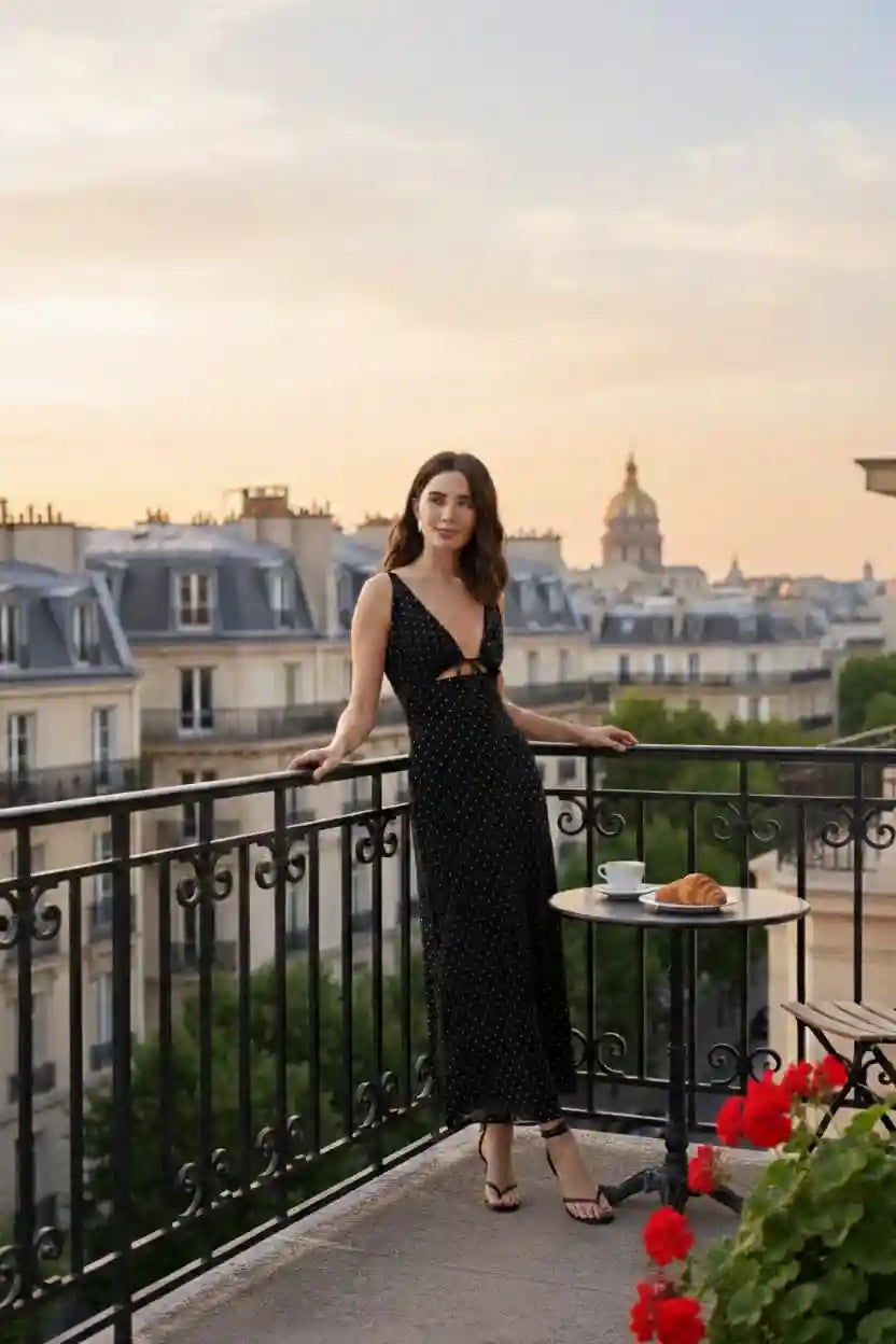 Robe Sibella femme longue fluide balcon parisien vue toits coucher soleil look soirée romantique BONITALUZ
